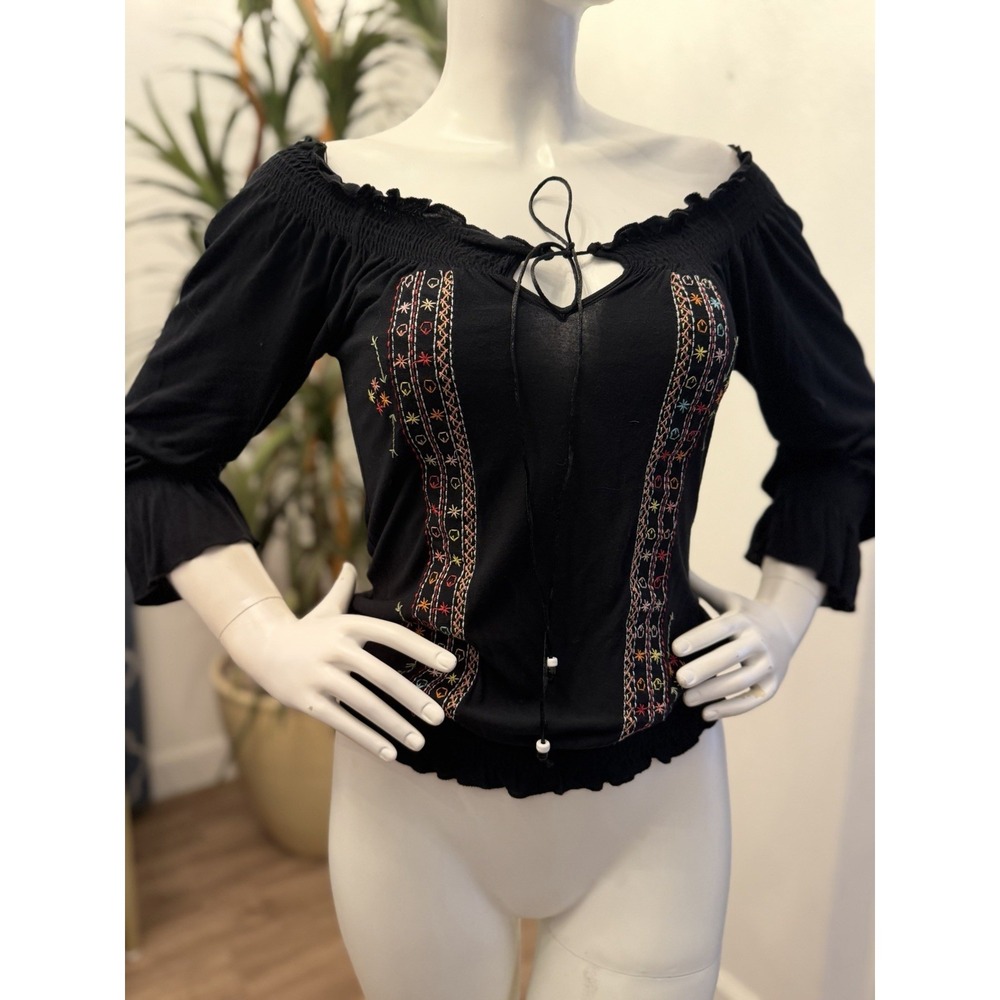 Vintage Havana Top Blouse S On/off Shoulder Embroidered Black Elastic Waist Boho - Picture 2 of 11